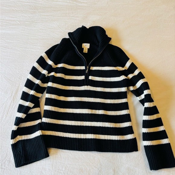 H&M Black Chunky Knit Half Zip Sweater with Cream Stripes - Picture 1 of 8